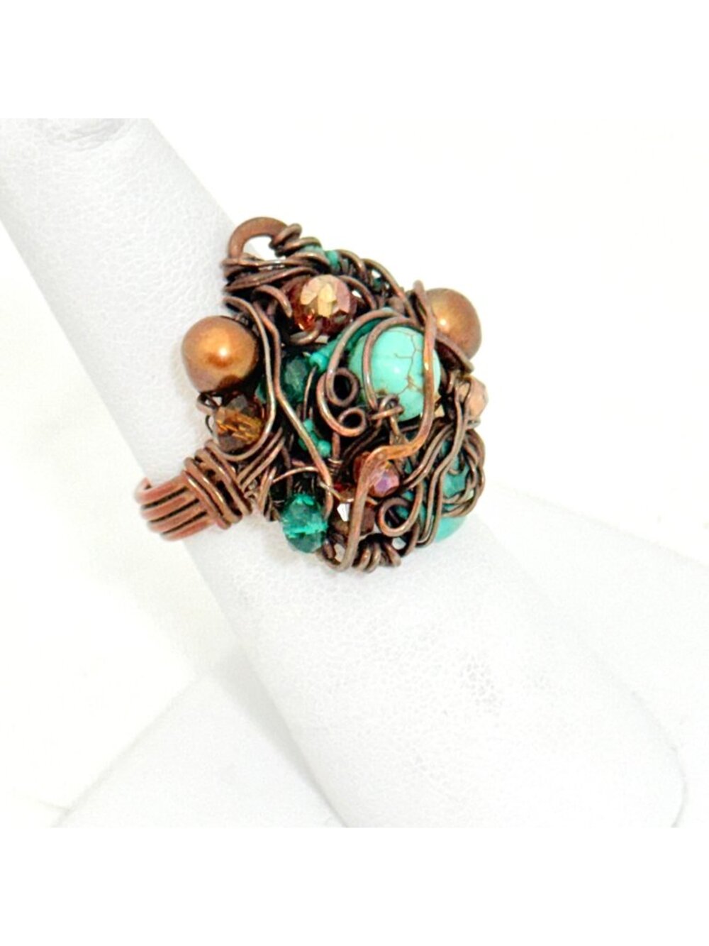 OOAK Artisan Wire Wrapped Statement Ring With Turquoise & Copper Accents Size 6